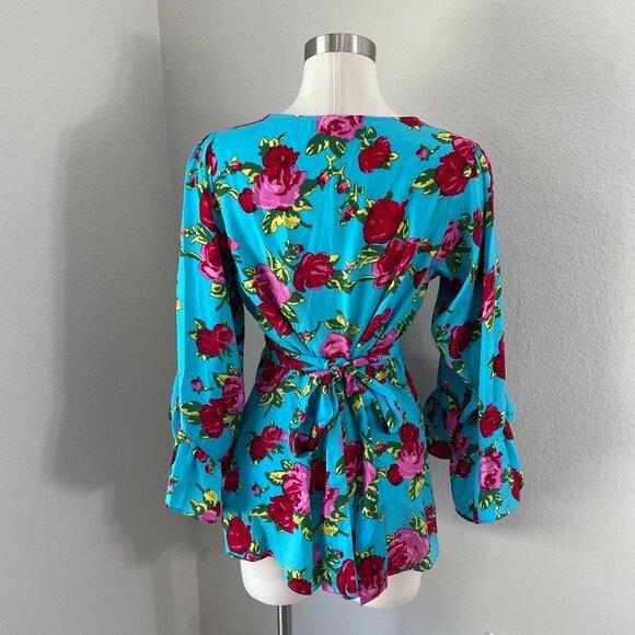 Betsey Johnson Womens Small Floral Blouse Bell Sleeves V Neck Waist Tie Top - Picture 8 of 9